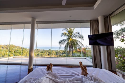 Luxury hotel room with ocean view and palm trees, perfect for a serene vacation.